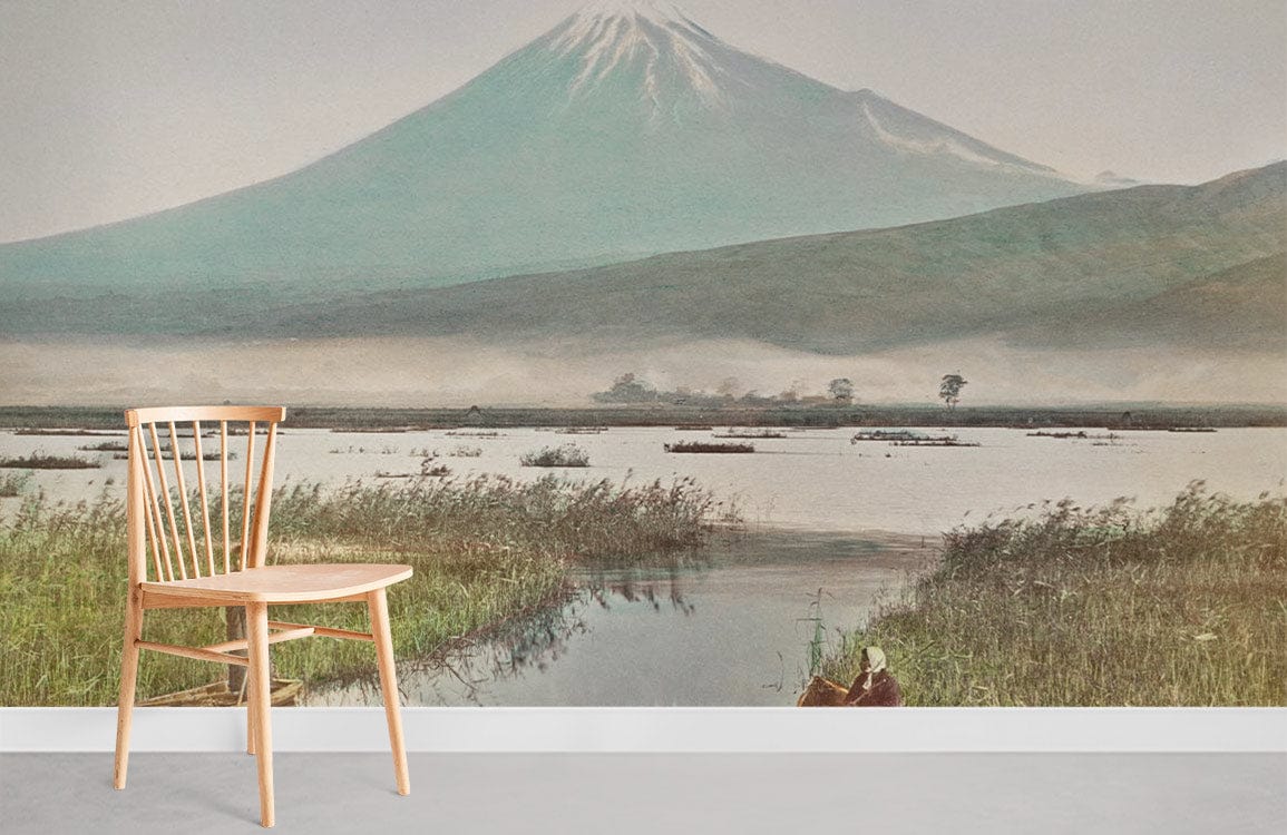 Japanese Tranquil Mountain Scenery mural with wooden chair, minimalist style, grey flooring.