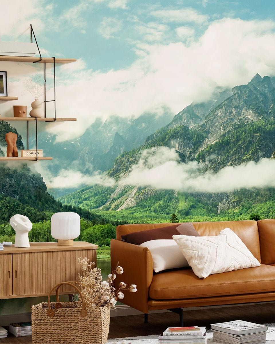 Tranquil Mountain Lake Wallpaper; brown leather sofa; wooden sideboard; cosy living room setting.