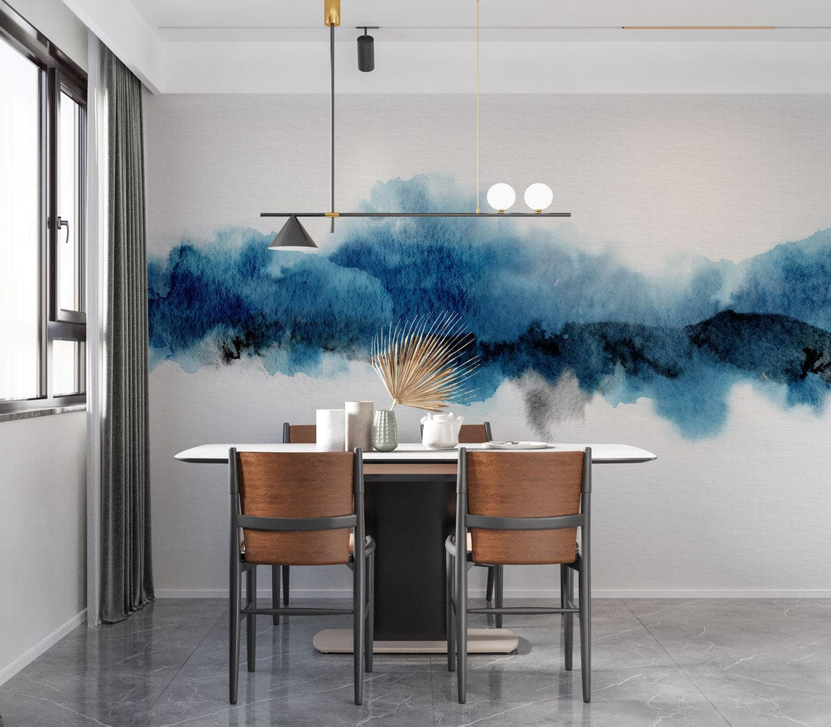 Elegant blue watercolour mural in modern dining room, with wooden chairs, monochrome pendant light, grey flooring.