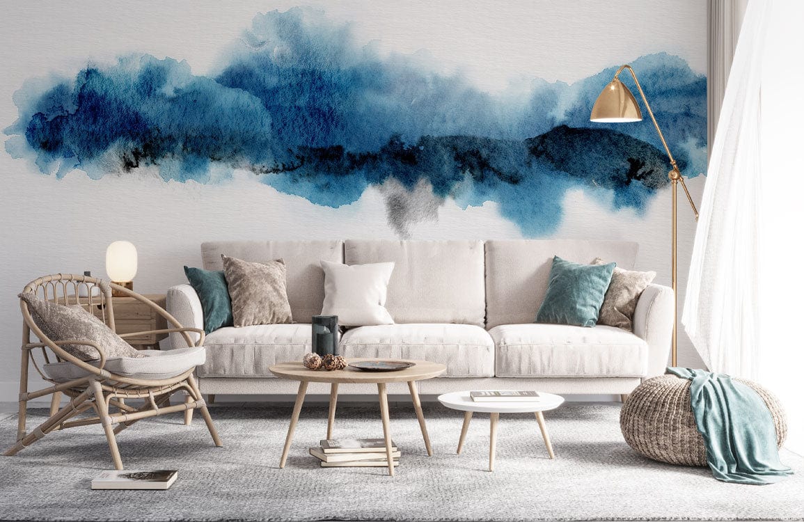 Elegant blue watercolour abstract mural, beige sofa, rattan chair, modern living room with grey carpet.