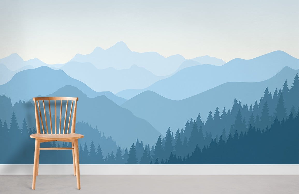 Serene blue mountain mural wallpaper, wooden chair, grey carpet, natural aesthetic, tranquil room setting.