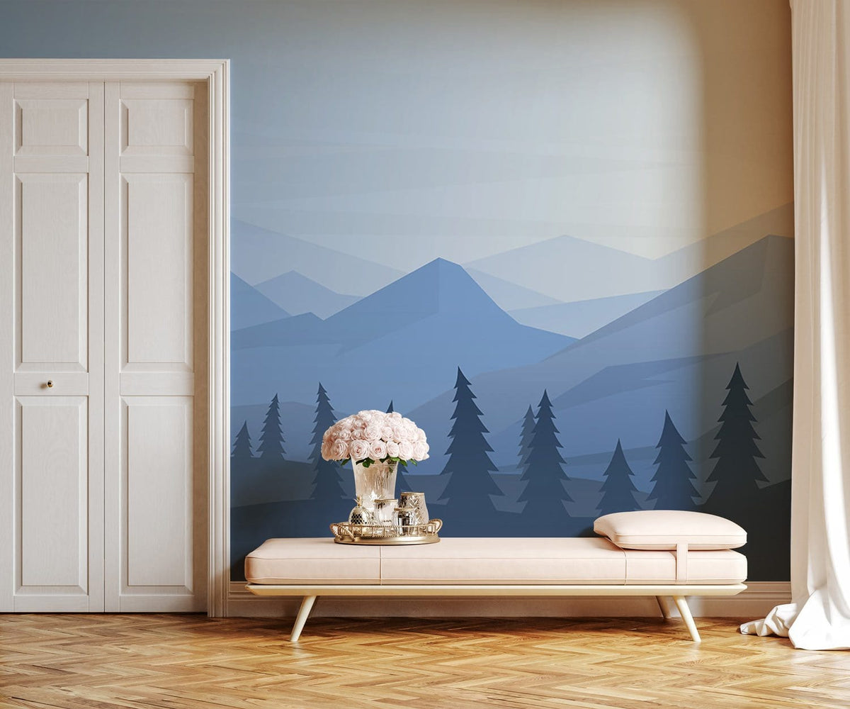 Serene blue mountain mural with light beige bench, elegant wooden flooring, white door, scenic wallpaper.