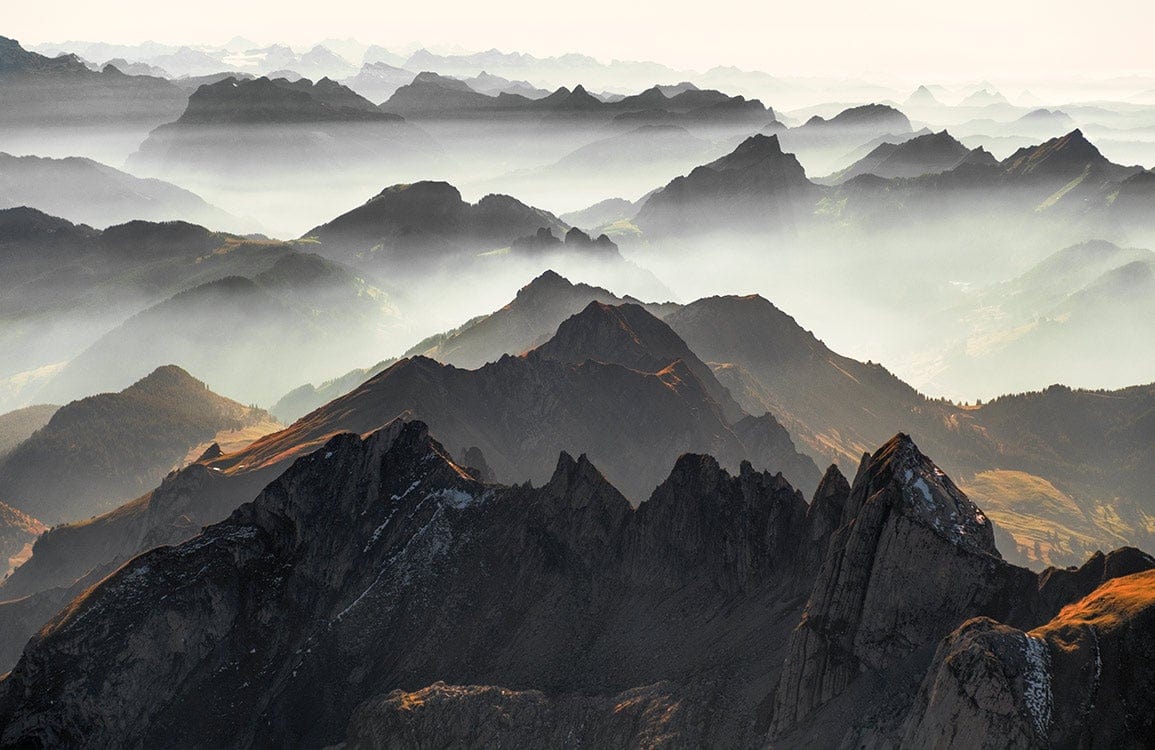 Misty Mountain Range Scenic Wallpaper Mural in Soft Earthy Tones