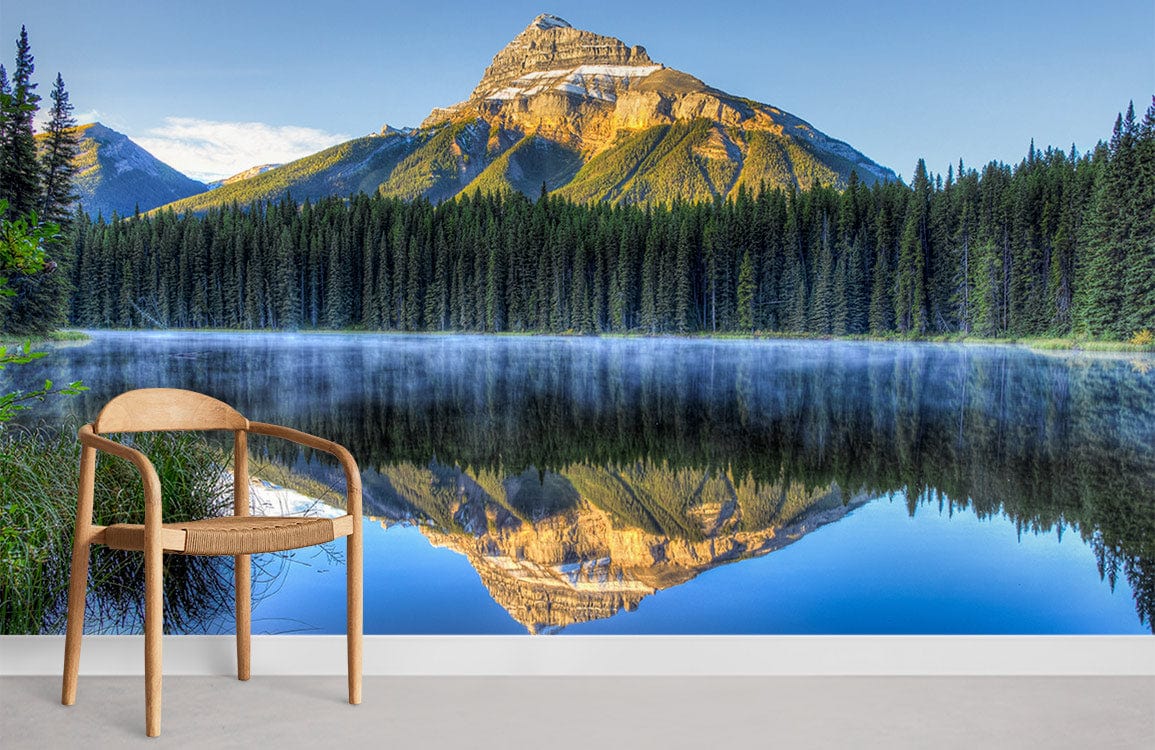 Serene Mountain Mist mural featuring a scenic reflection in blue, green, with wooden chair, carpet flooring.