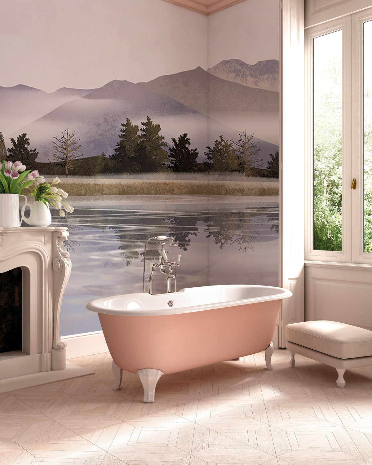 Serene Misty Mountain Mural Wallpaper, classic fireplace, pink bathtub, neutral tones bathroom, herringbone flooring.