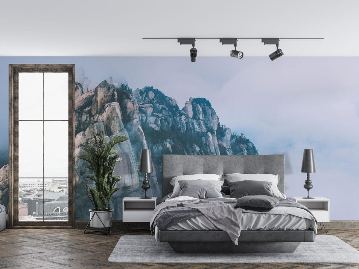 Serene Mountain Mist Mural: Blue Grey Landscape, grey bed and rug, wooden flooring, contemporary bedroom.