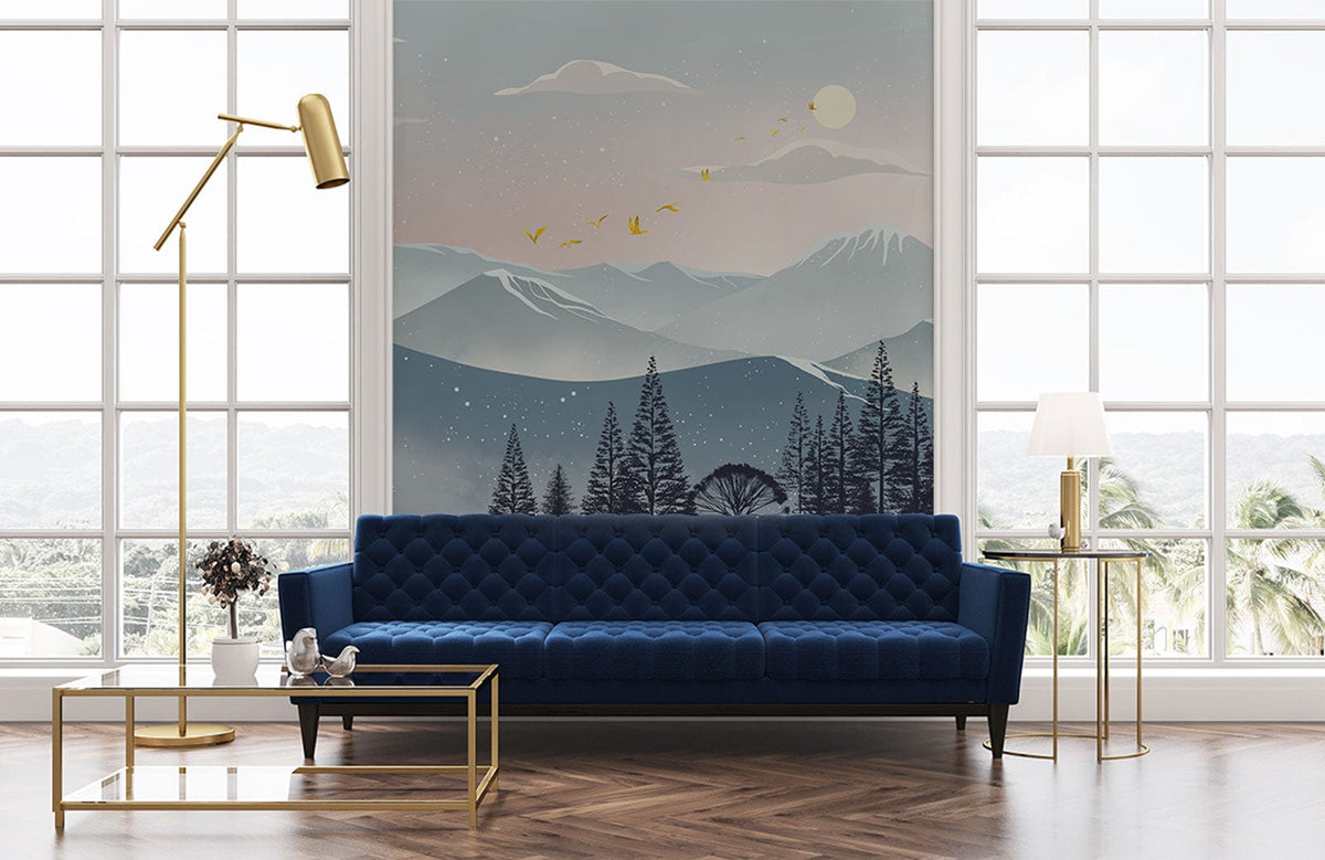 Tranquil Mountain Vista Mural, misty landscape; blue sofa, gold lamps, chevron wooden floor, large windows.