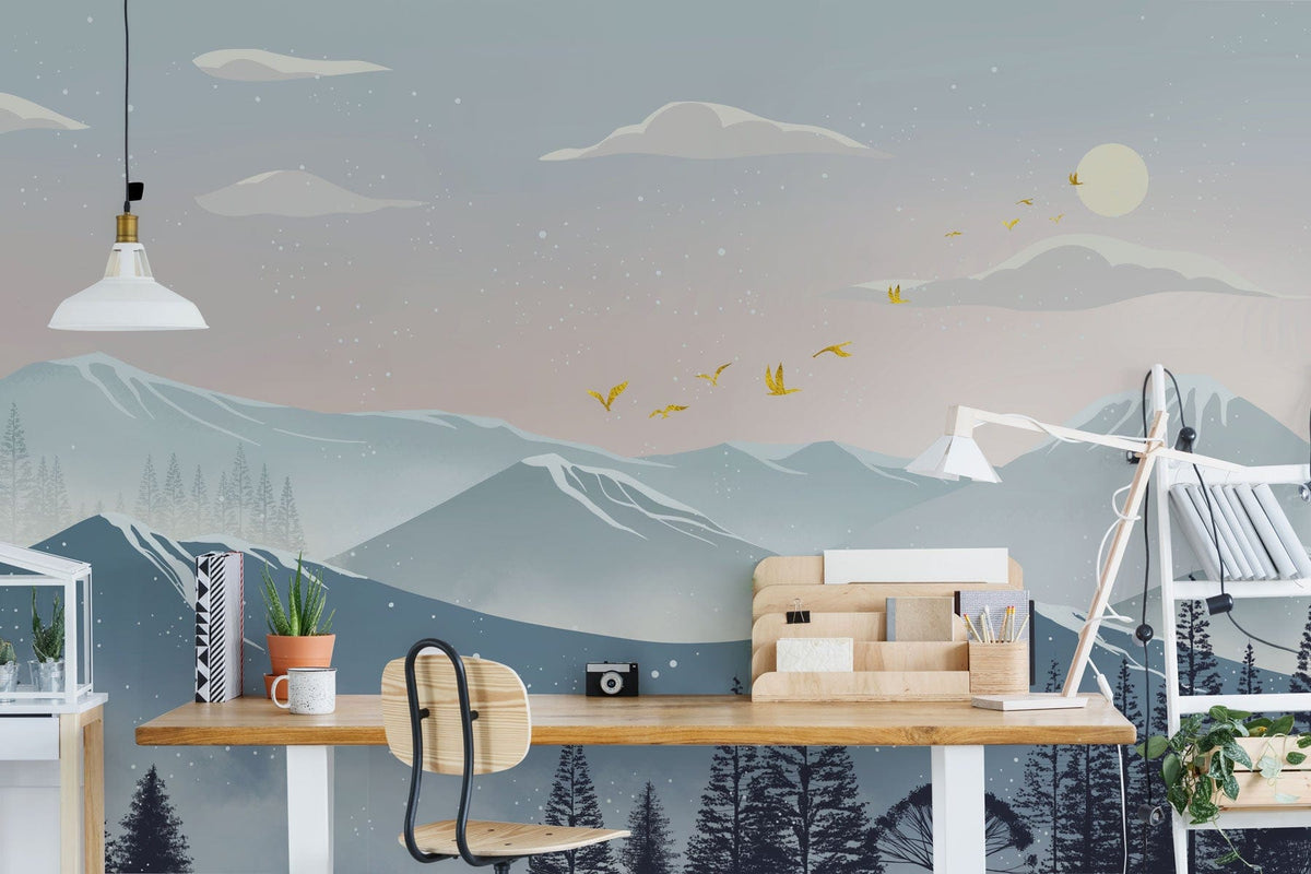 Tranquil Mountain Vista Wallpaper in study; wooden desk, modern chair, pendant light, Misty Blue design.