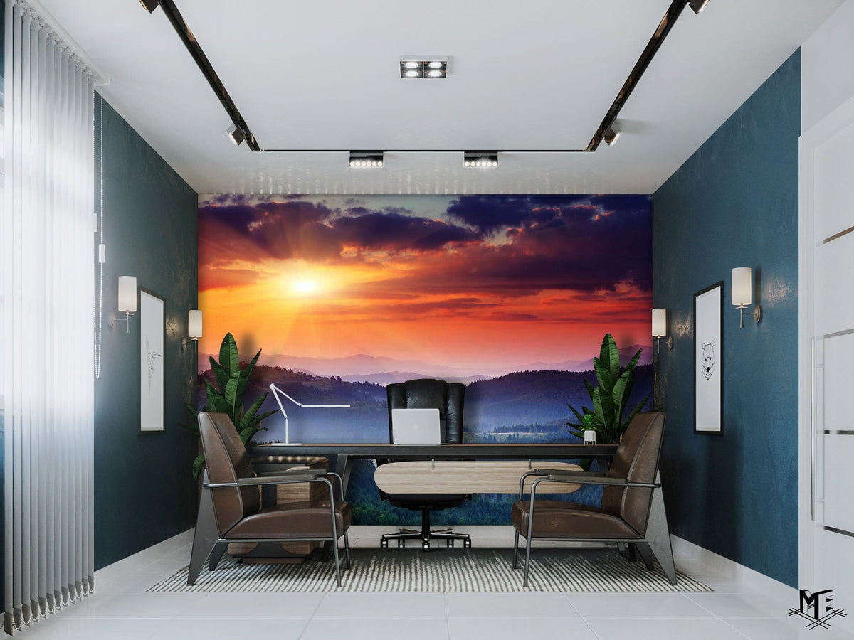 Serene Sunlit Forest Landscape Mural Wallpaper in office with blue walls, modern chairs, and white flooring.