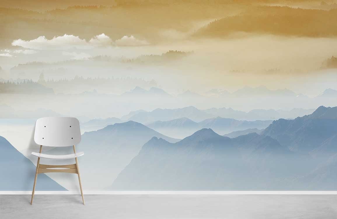 Tranquil Mountain Mist wallpaper in a modern room with white chair and grey flooring, landscape mural.
