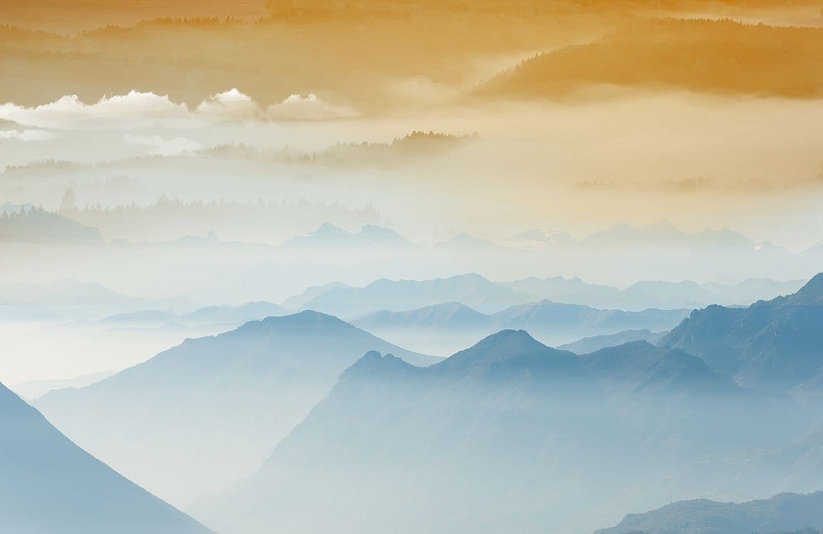 Tranquil Mountain Mist Mural Wallpaper: Blue and Gold Landscape Design