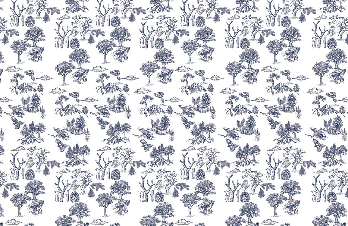 Navy and White Nature-Inspired Forest Toile Pattern Wallpaper Decor