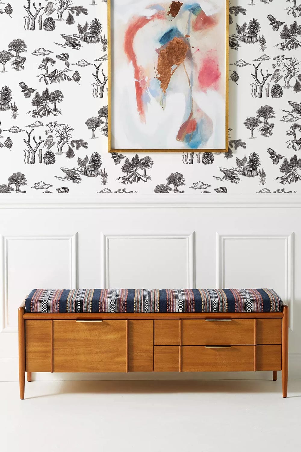 Vintage Woodland Toile Wallpaper, monochrome black and white, wooden bench, colourful art, white panelling.