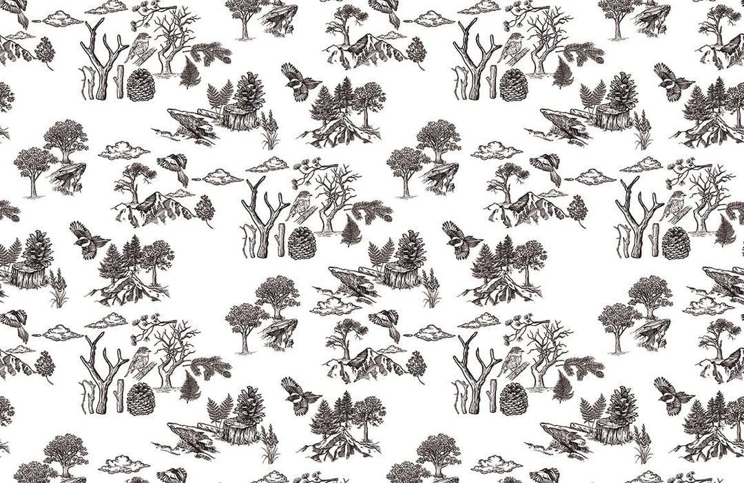 Vintage Woodland Toile Wallpaper in Monochrome Black and White Nature Scene