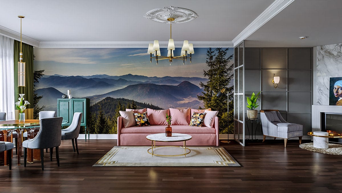 Serene Mountain View Mural Wallpaper in modern living room with pink sofa, dark wood flooring.