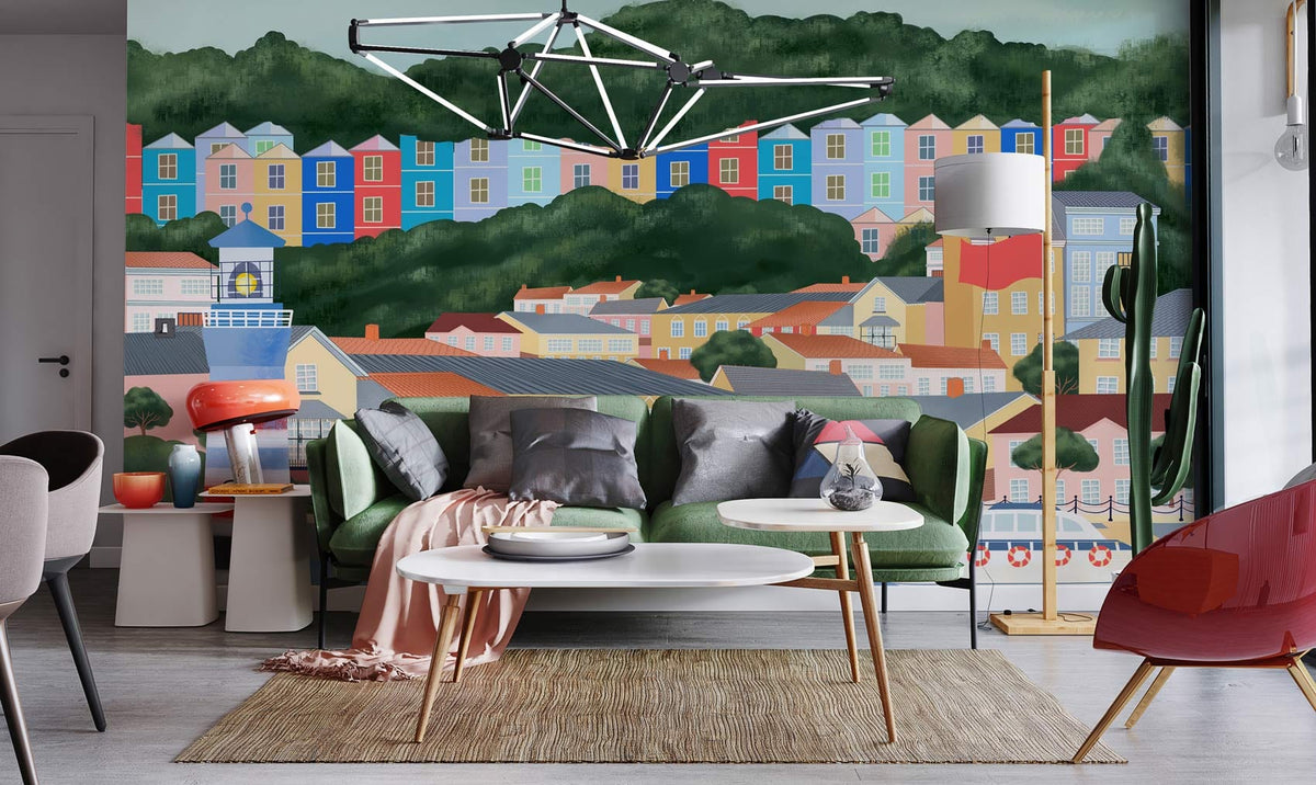 Scenic Coastal Town Mural Wallpaper in pastel style, green sofa, modern lamp, stylish sitting room.