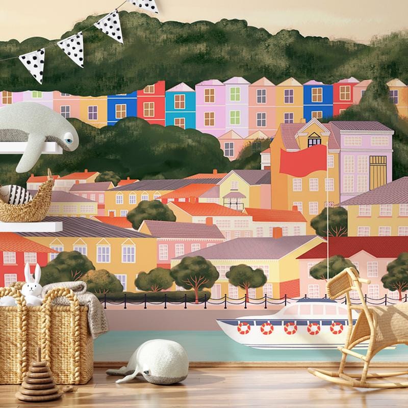 Vibrant Coastal Harbour mural wallpaper in a playful nursery with wicker baskets and wooden flooring.