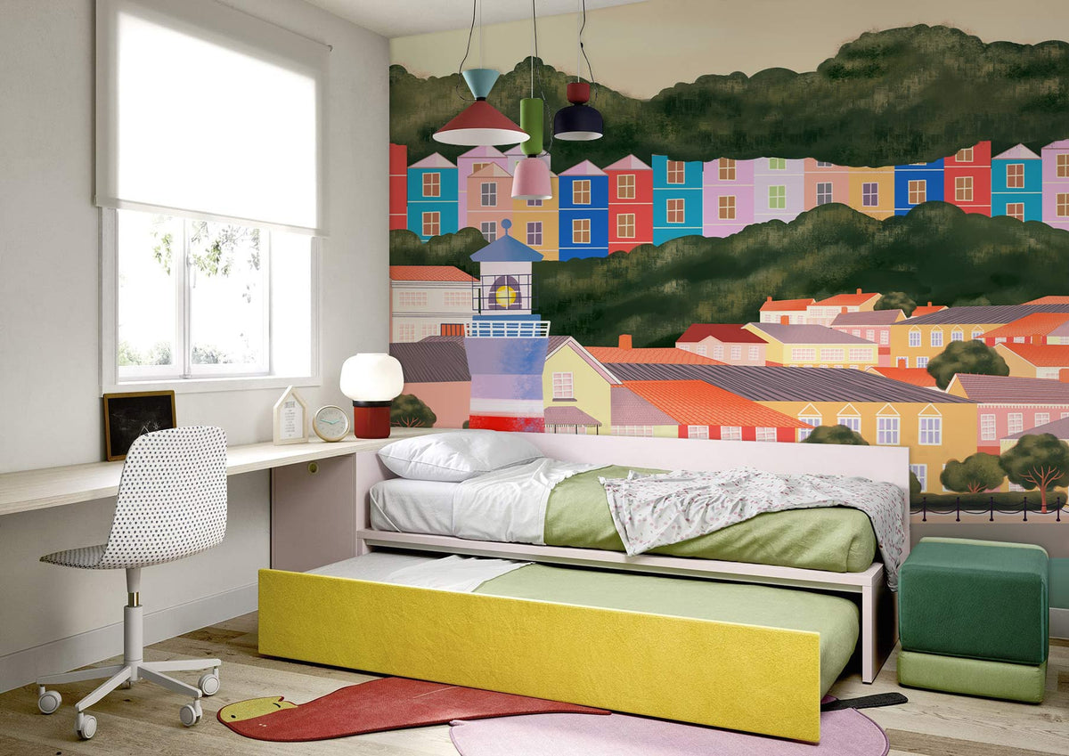 Vibrant Coastal Harbour mural in child's room with colourful wall mural, modern bed, and light wood flooring.