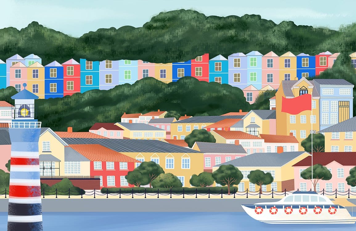 Scenic Coastal Town Mural Wallpaper in Colourful Pastel Coastal Style