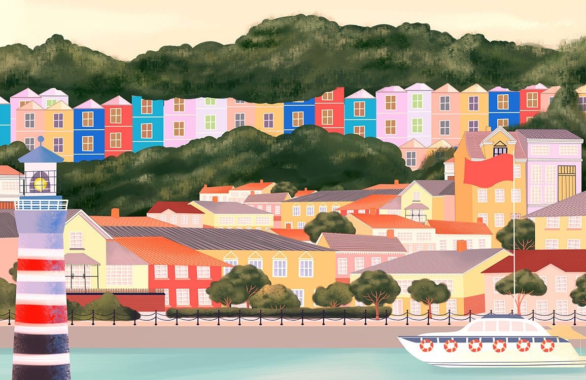 Vibrant Coastal Harbour Mural Wallpaper: Colourful Seaside Town Illustration Décor