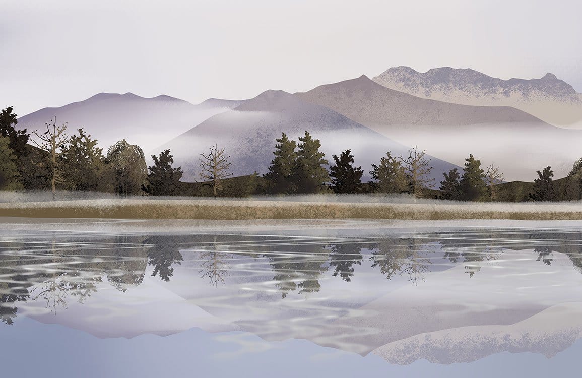Serene Misty Mountain Landscape Reflection Mural Wallpaper in Neutral Tones