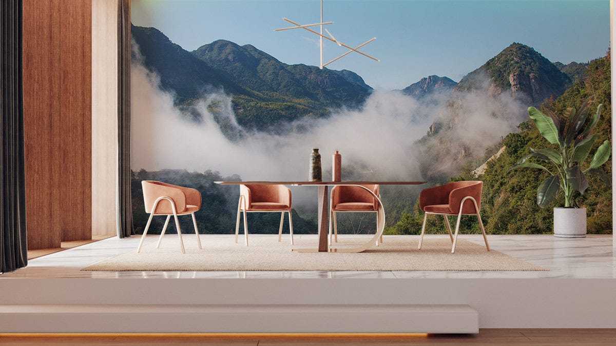 Serene Mountain Landscape Mural in dining room with modern table, brown chairs, wooden flooring.