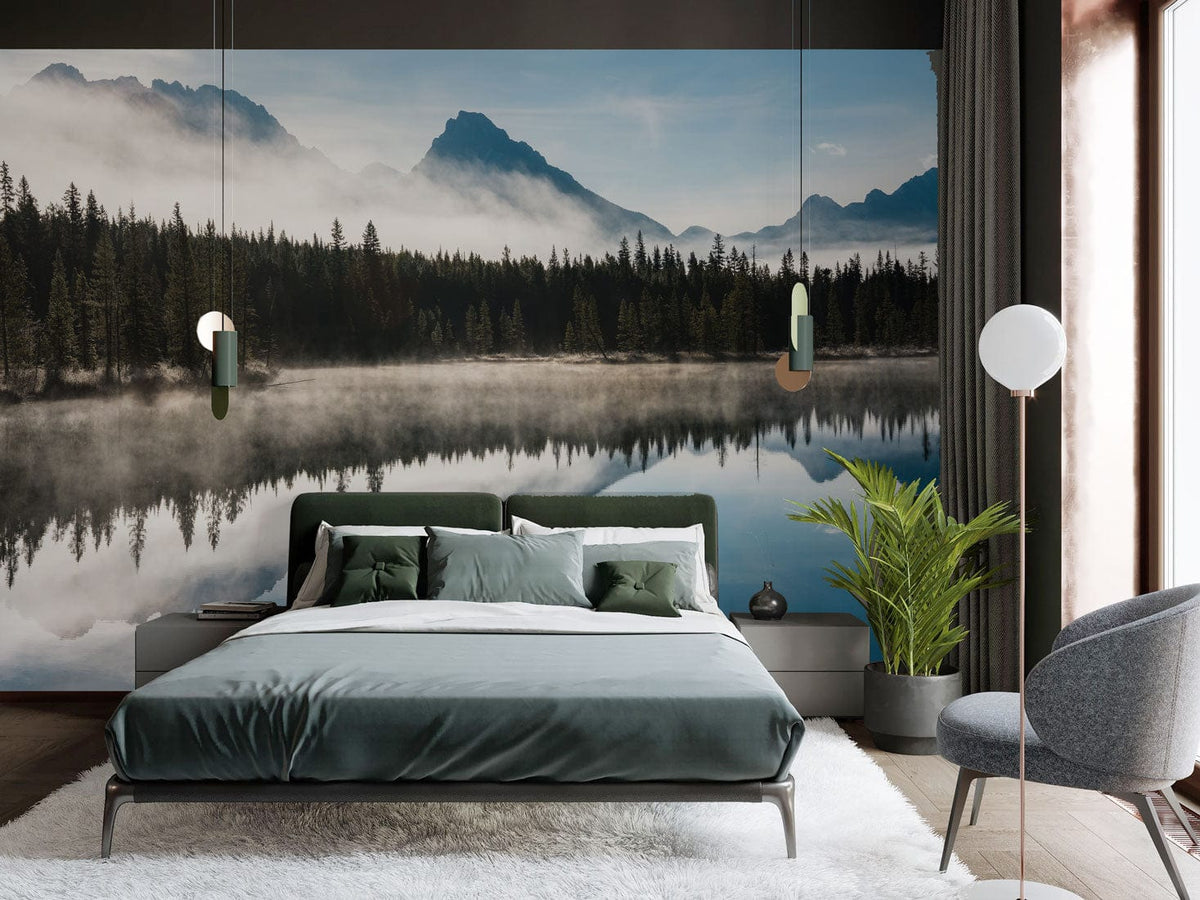 Tranquil Mountain Lake mural in serene bedroom, featuring elegant grey furnishings and contemporary pendant lights.
