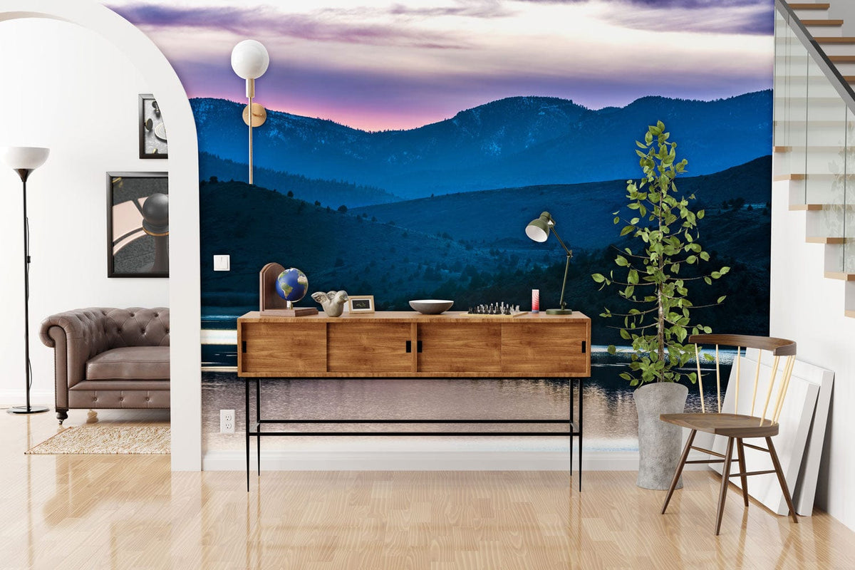 Tranquil Mountain Dusk Wallpaper Mural, brown sofa, wooden console table, modern living room decor.