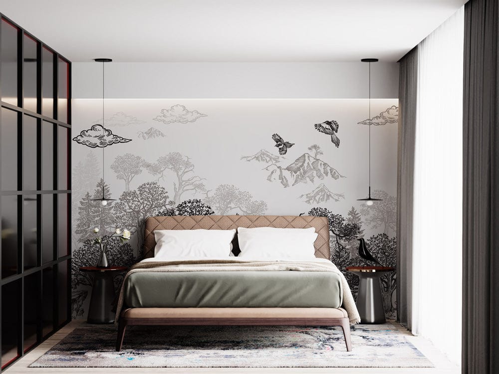 Monochrome Woodland Landscape Mural Wallpaper in bedroom with elegant bed, modern pendant lights, and rug.