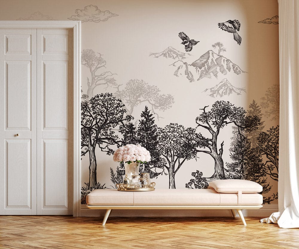 Monochrome Woodland Landscape-wallpaper, elegant nature-inspired mural, beige wall, pink sofa, parquet flooring.