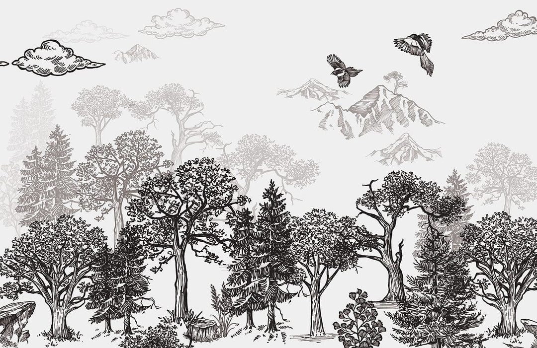 Monochrome Woodland Landscape Mural Wallpaper: Elegant Nature-Inspired Design for Interiors