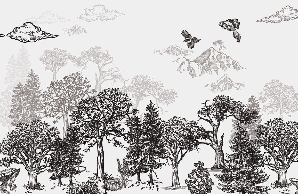 Monochrome Woodland Landscape Mural Wallpaper: Elegant Nature-Inspired Design for Interiors