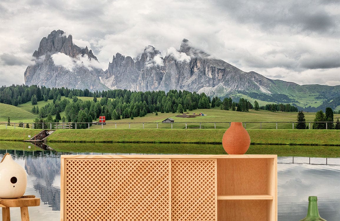 Serene Mountain mural in calming greens and greys with wooden cabinet; scenic room wallpaper decor.
