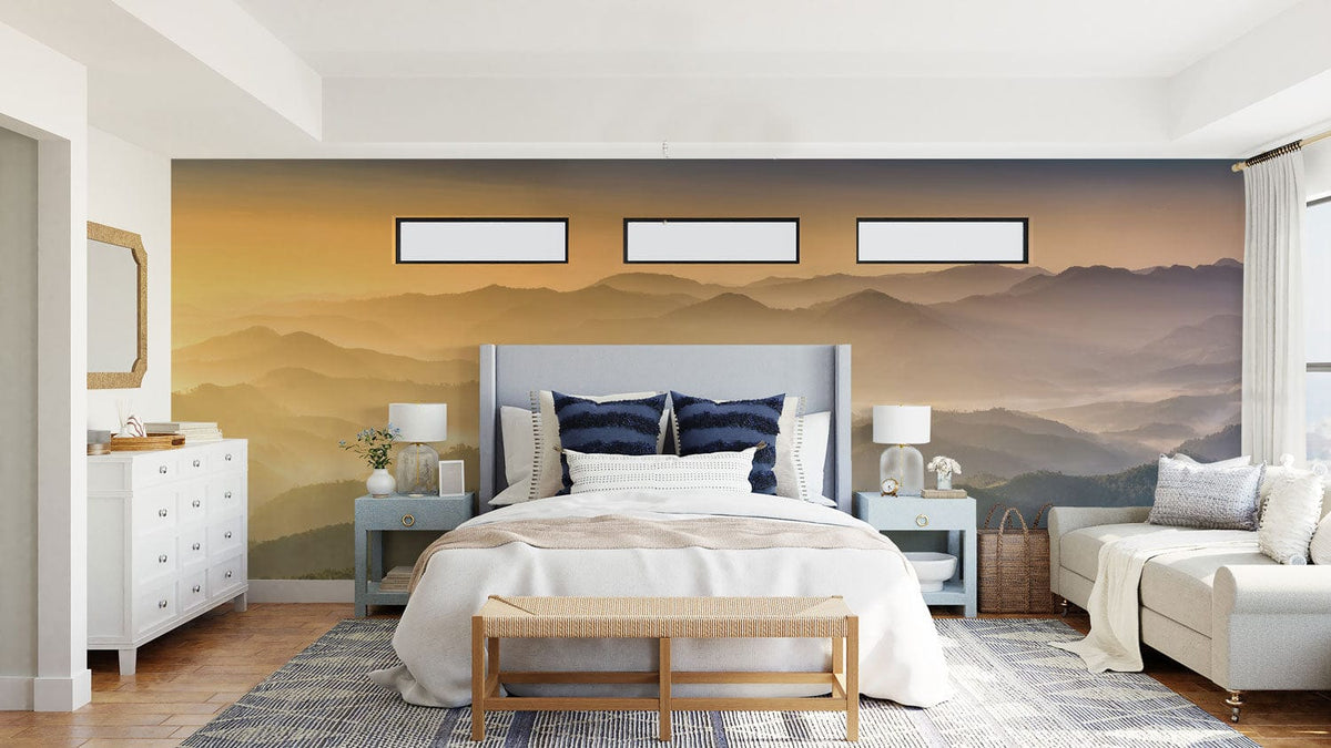 Tranquil mountain mural wallpaper, stylish bedroom, neutral tones, chic bed, sleek furniture, soft lighting.