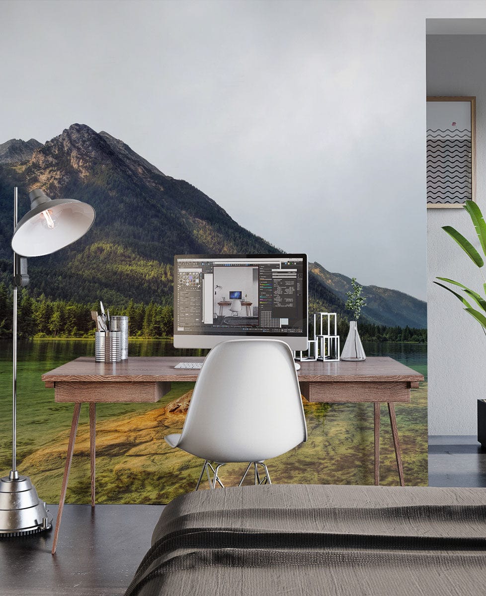 Tranquil Mountain Lake Mural Wallpaper featuring desk, white chair, and grey floor in modern office.