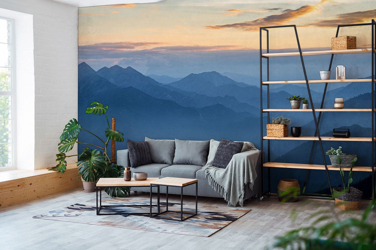 Tranquil Mountain Mist Mural Wallpaper, blue gradient landscape, grey sofa, light wood flooring, modern lounge.