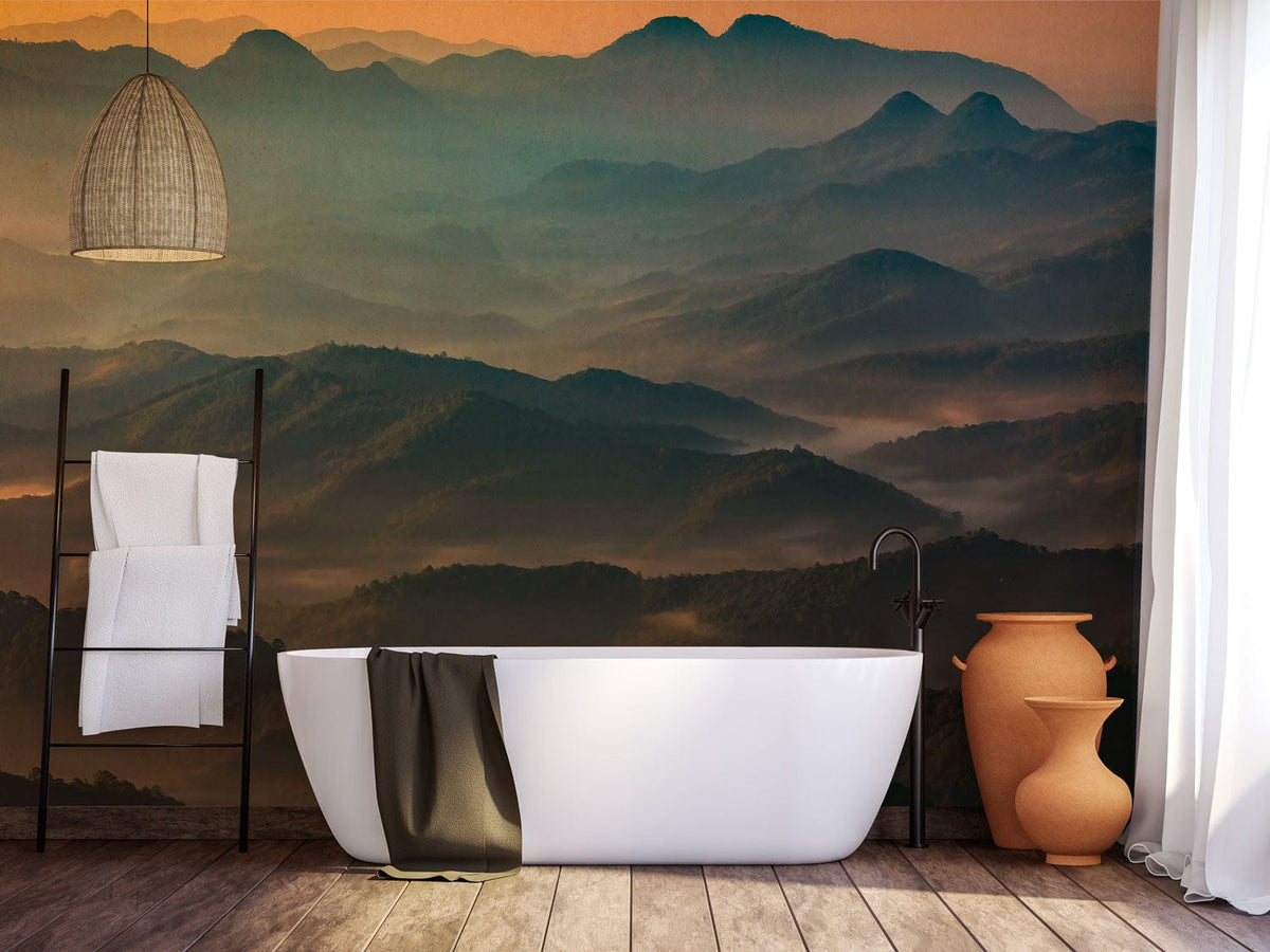 Serene Misty Mountain Landscape Mural Wallpaper, tranquil blue green hues, elegant bathtub, rustic flooring.