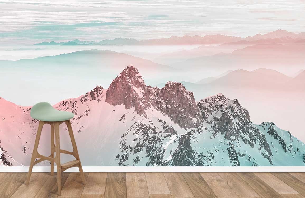 Elegant Misty Mountains Landscape Mural Wallpaper in Pastel Pink, wooden stool, wooden flooring in room.