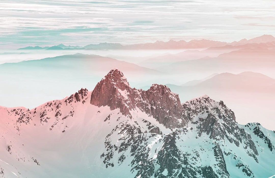 Elegant Misty Mountains Landscape Mural Wallpaper in Pastel Pink Tones