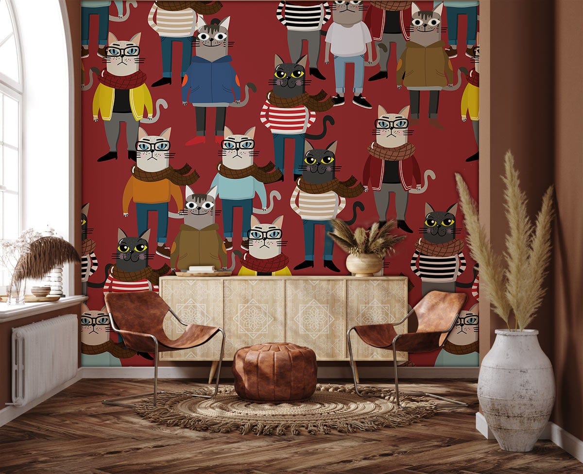Retro cat-themed mural wallpaper in warm red, colourful outfits; eclectic room with leather chairs, patterned flooring.