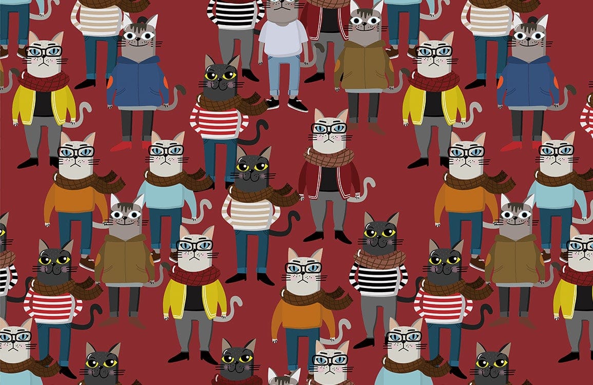 Retro Cat-Themed Mural Wallpaper in Warm Red and Colourful Outfits Pattern