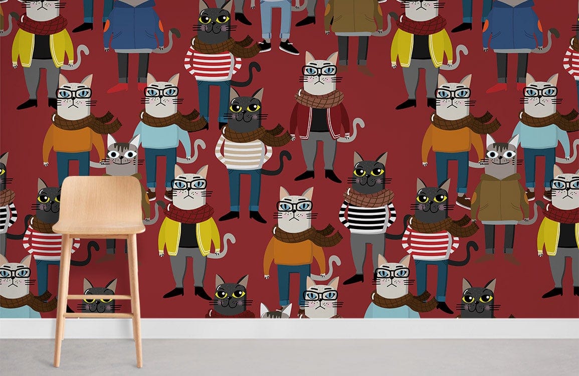 Retro cat-themed mural wallpaper in warm red, featuring colourful outfits complemented by minimalist wooden stool.