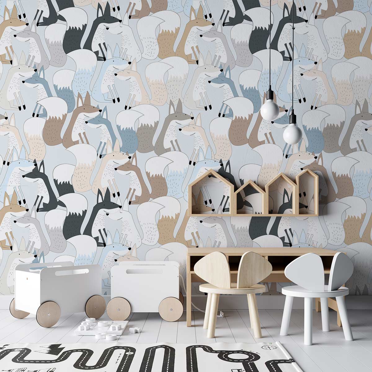 Cosy Earth-Toned Foxes Wallpaper in playroom; whimsical design complements modern white furniture and wooden toys.