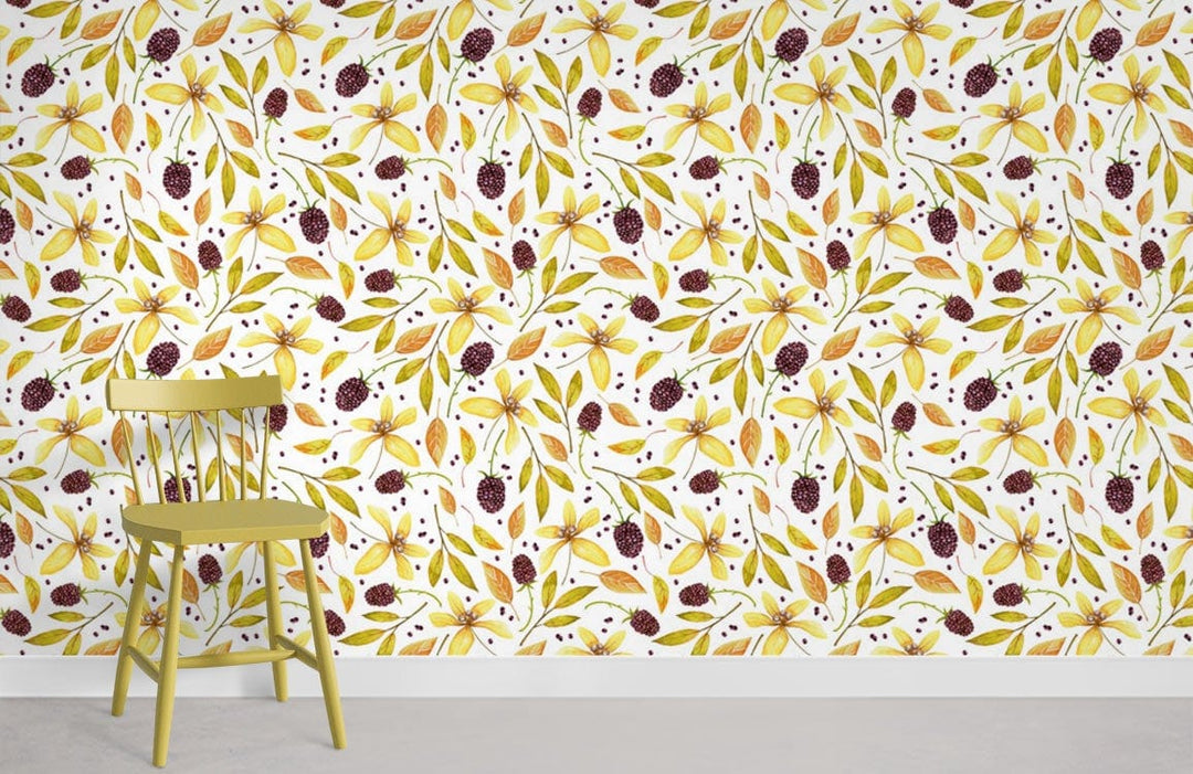 Autumnal leaf pattern wallpaper in room setting with matching yellow chair on grey flooring.
