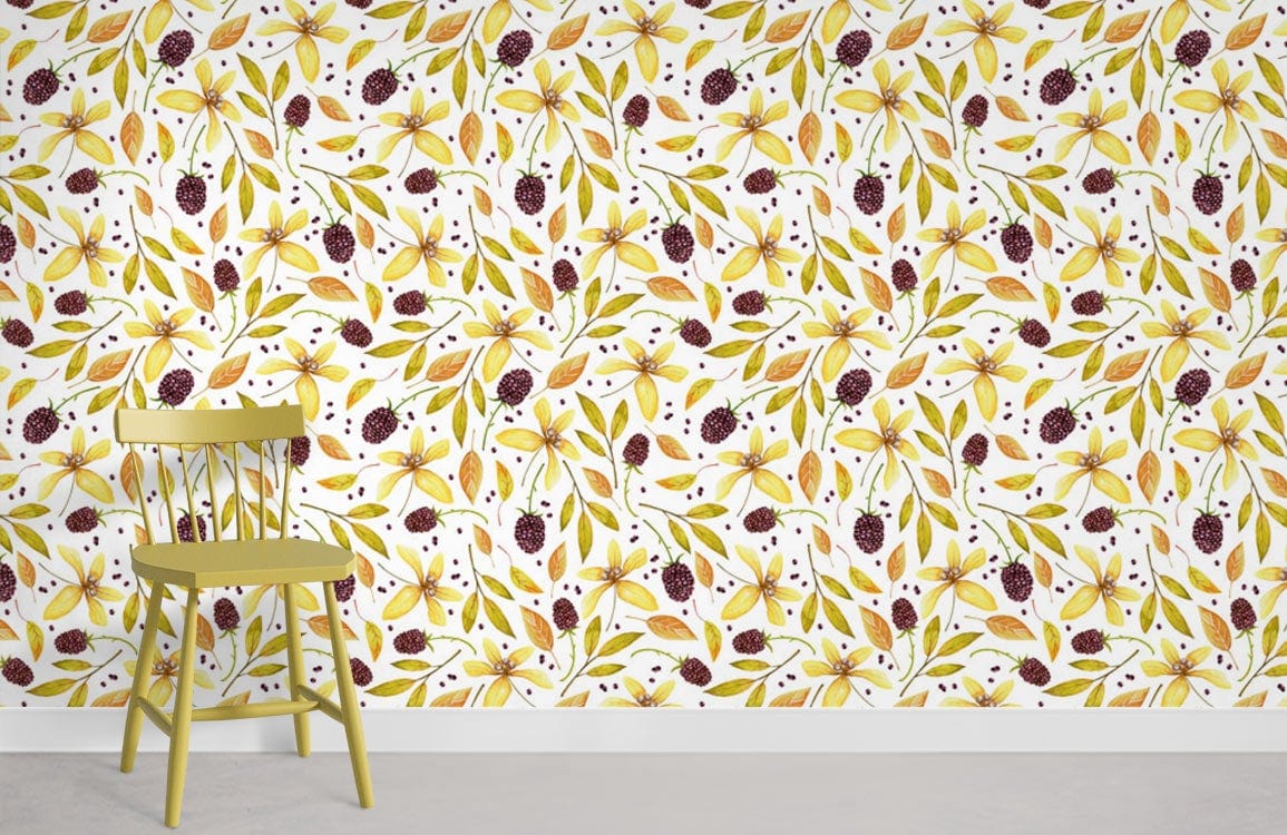 Autumnal leaf pattern wallpaper in room setting with matching yellow chair on grey flooring.