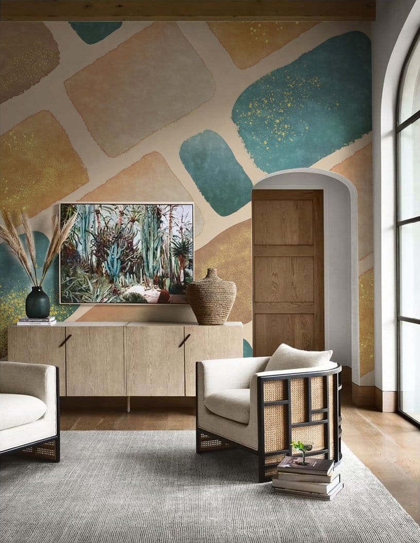 Elegant room with Cosy Earthy Tones Abstract Rectangles Modern Mural Wallpaper, wooden flooring, grey rug.