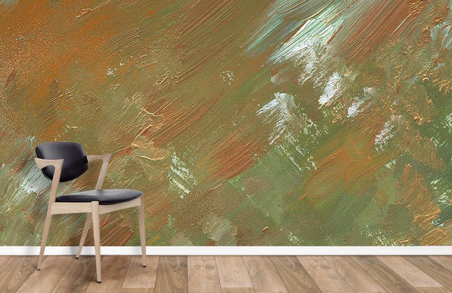 Earthy abstract mural wallpaper with rustic green, copper tones, modern black chair, wood flooring.
