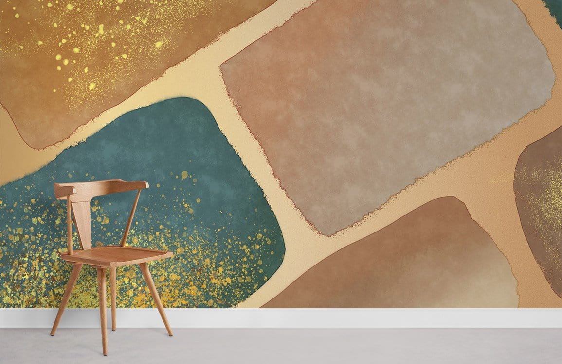 Abstract Earthy Tones Geometric Mural Wallpaper with Gold Accents, wooden chair, light flooring.