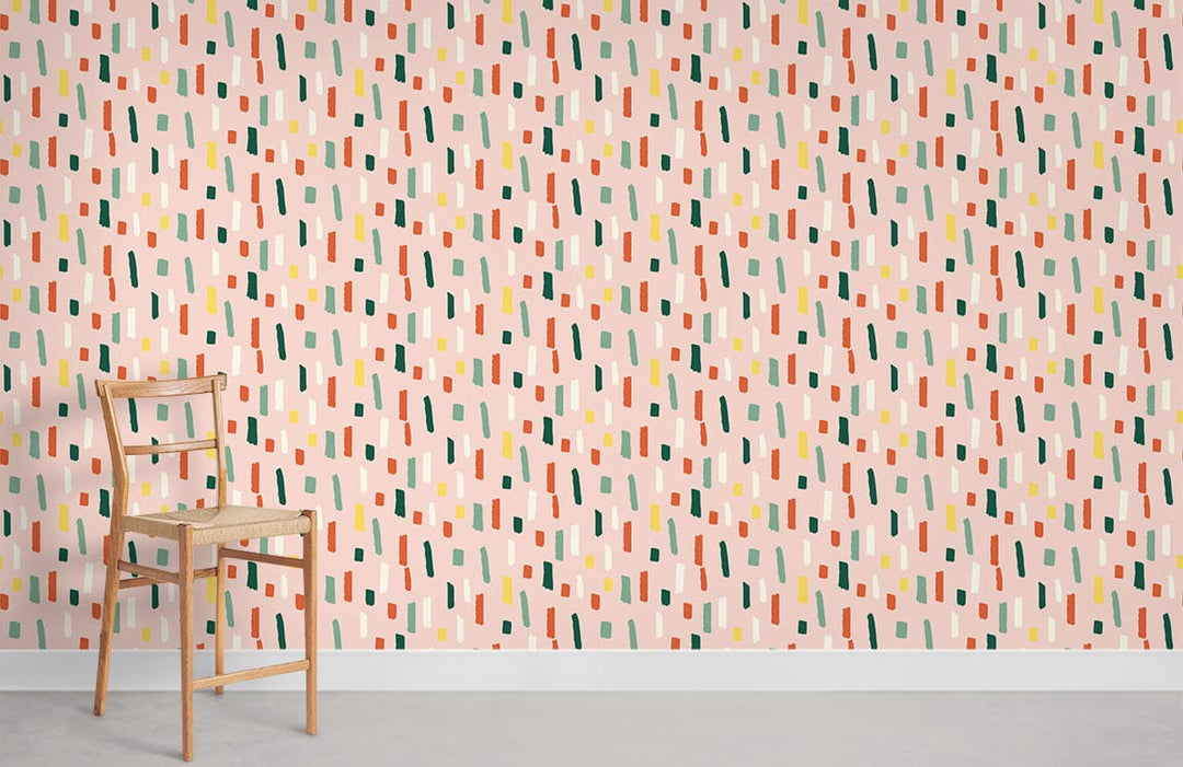 Vintage pastel geometric pattern wallpaper for retro chic interiors with wooden chair and grey flooring.