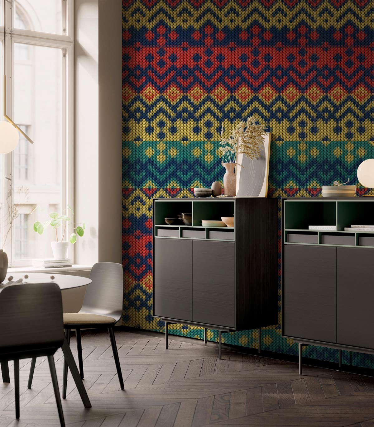 Vibrant Multicolour Chevron Pattern Wall Mural in dining room with dark cabinets and parquet flooring.